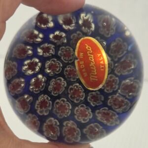 Murano Italy Millefiori Glass Paperweight Blue Red White Floral Art Glass 3"